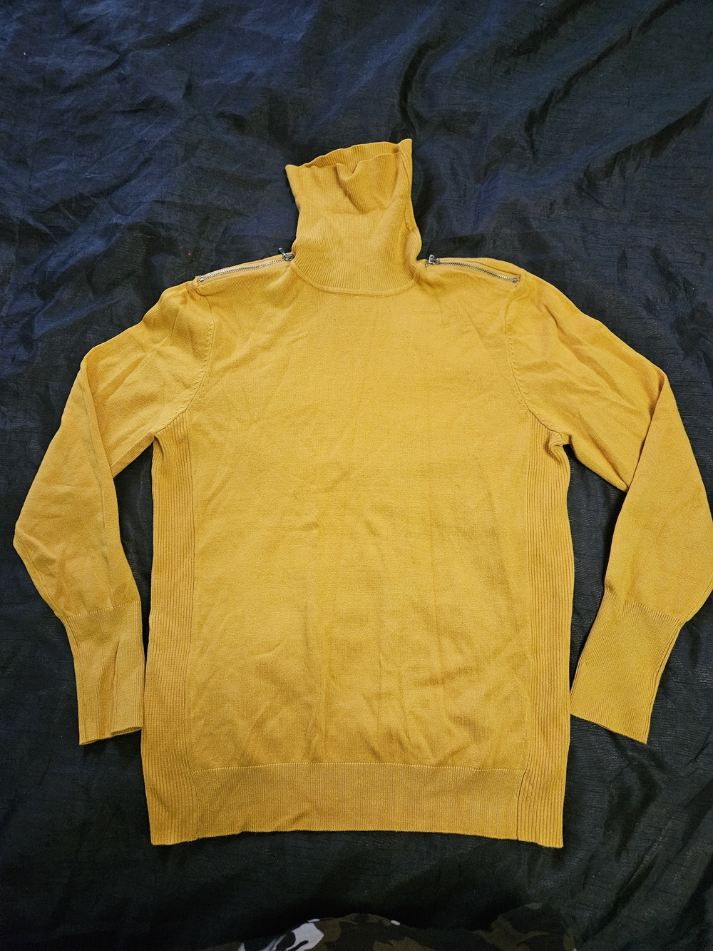 Women's Zippered Shoulder Mustard Yellow Turtleneck Sweater
